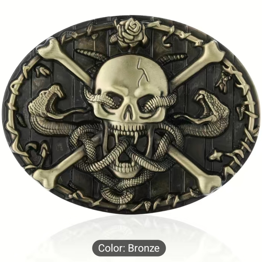 New skull and crossbones snake belt buckle approximately 3.15". Gold available